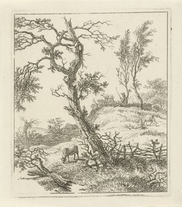Landschap met schaapsherder op heuvel