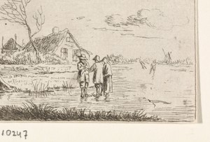 Landschap met schaatsers en boerderij