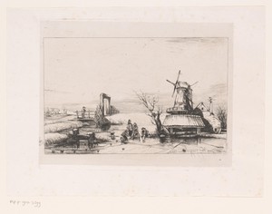 Landschap met schaatsers op het ijs rondom een molen