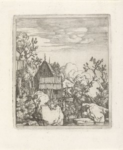 Landschap met schuur tussen rotsblokken