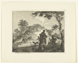 Landschap met soldaat in gesprek met man en vrouw en spelende jongen met hond