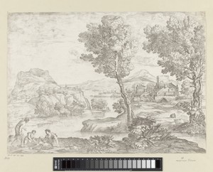Landschap met staande man bij twee zittende mannen