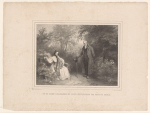 Landschap met staande man en een jonge vrouw op een bank