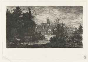 Landschap met stad aan rivier en boerderij op oever