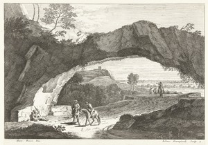 Landschap met stenen brug en enkele figuren
