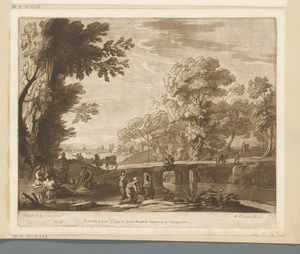 Landschap met stenen brug en vier figuren die hun maaltijd nuttigen