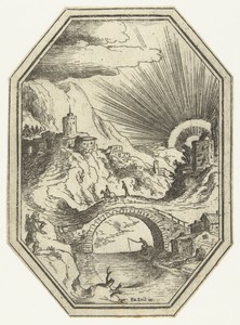 Landschap met stenen brug in octagonaal kader