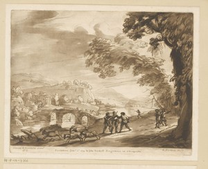 Landschap met stenen brug over rivier, bandieten en vluchtende geiten