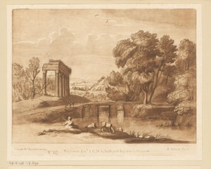 Landschap met stenen brug, ruïne en drie geiten