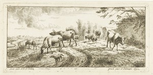 Landschap met stieren, schapen en hond