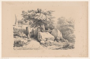Landschap met toegangspoort naar woonhuis