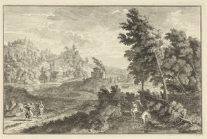 Landschap met tombe en drie badende vrouwen