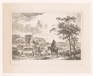 Landschap met toren en herders