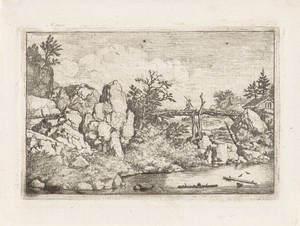 Landschap met twee boomstammen in het water