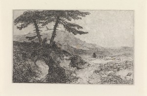 Landschap met twee dennen op een heuvel