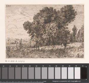 Landschap met twee figuren bij een boom