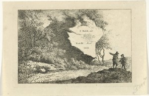 Landschap met twee figuren bij een rots