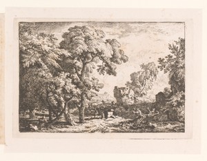 Landschap met twee figuren bij een rots