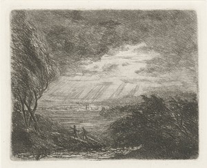Landschap met twee figuren bij storm en regen