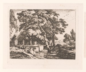 Landschap met twee figuren en een kudde schapen bij een altaar