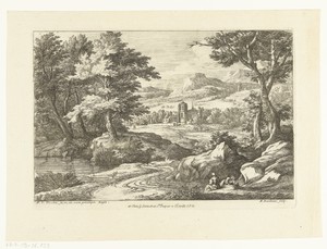 Landschap met twee figuren langs een weg, in de verte een kerk