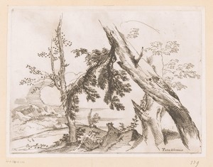 Landschap met twee figuren rustend onder enkele bomen