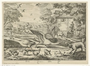 Landschap met twee ganzen die hun jongen verdedigen