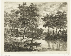 Landschap met twee hengelende vissers in een boot op een vijver