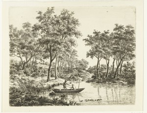 Landschap met twee hengelende vissers in een boot op een vijver