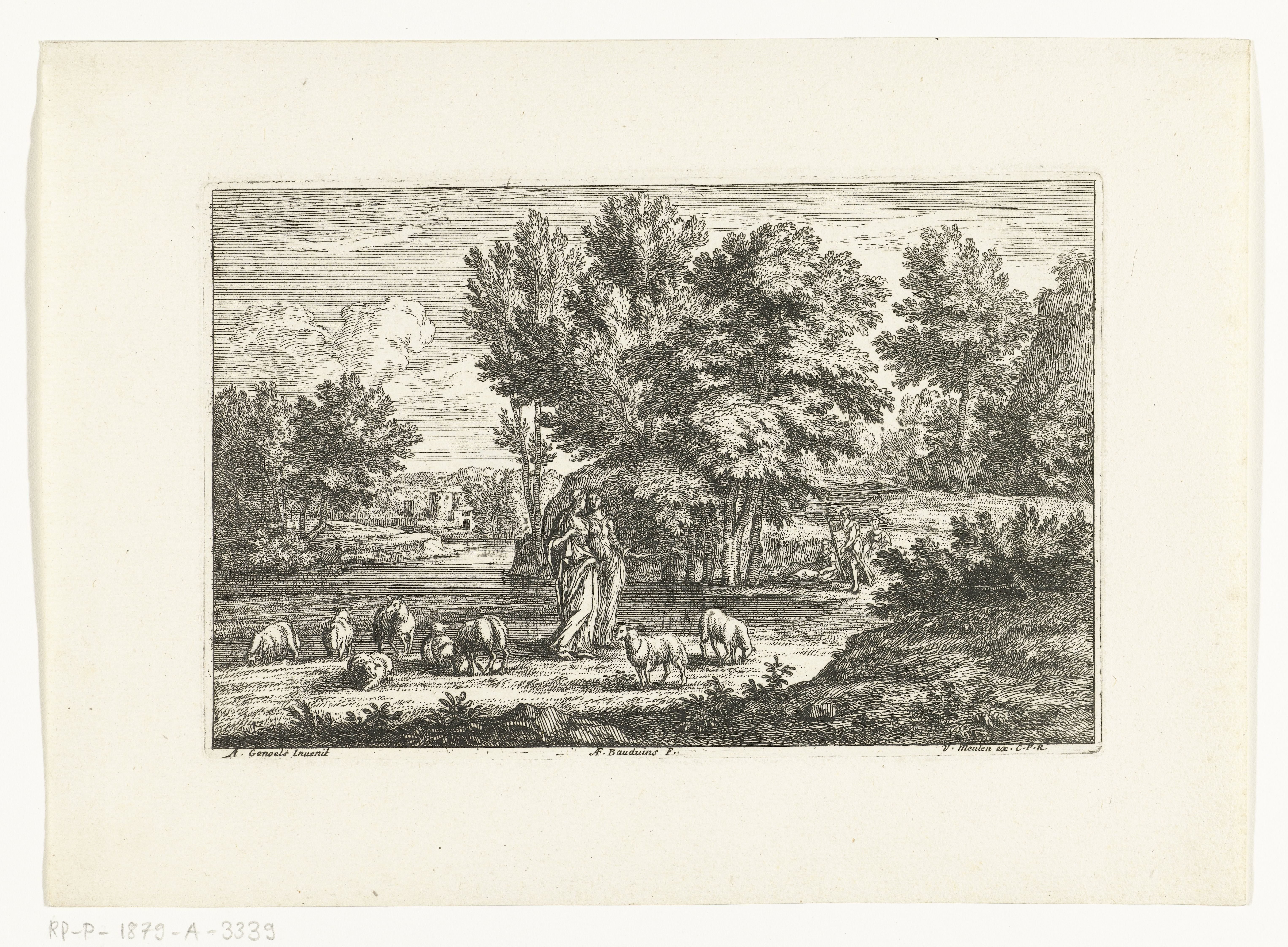 Landschap met twee herderinnen bij een water by Adriaen Frans Boudewyns