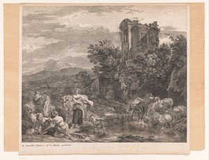 Landschap met twee herderinnen en drinkend vee bij een ruïne