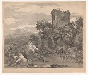Landschap met twee herderinnen en drinkend vee bij een ruïne