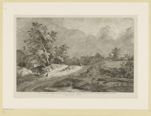Landschap met twee huizen bij een korenveld
