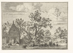 Landschap met twee huizen en een roeiboot