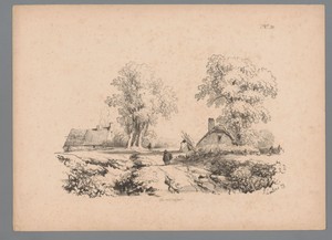 Landschap met twee huizen en twee figuren op een weg