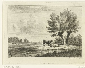 Landschap met twee koeien bij een wilg