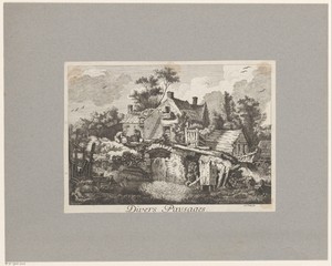 Landschap met twee kuipers voor een huis omringd door houten constructies