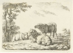 Landschap met twee liggende en een staand schaap