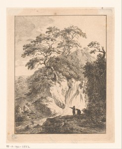Landschap met twee mannen bij een waterval