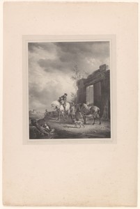 Landschap met twee mannen en paarden bij een poort