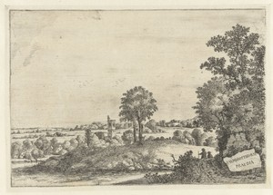 Landschap met twee mannen op een zandweg en gezicht op een dorp