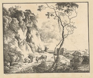 Landschap met twee reizigers met beladen ezels bij een rotswand