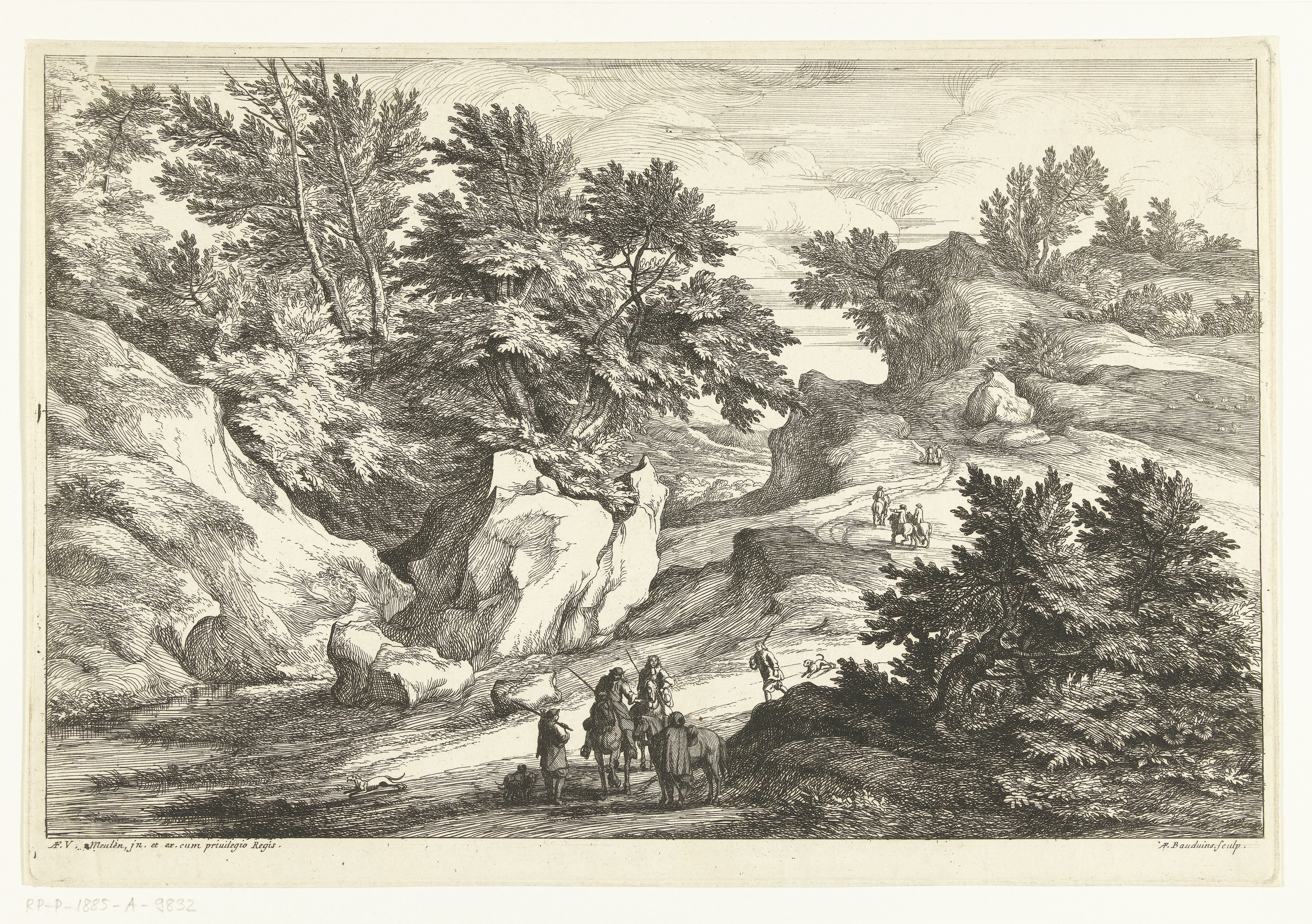 Landschap met twee ruiters die de weg vragen by Adriaen Frans Boudewyns