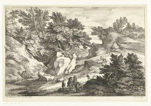 Landschap met twee ruiters die de weg vragen