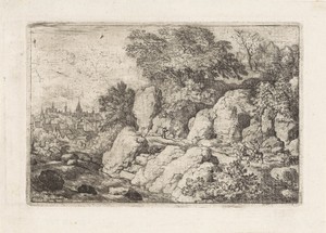 Landschap met twee ruiters op een rotspad