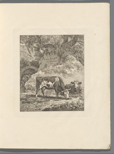 Landschap met twee runderen bij een rots