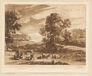 Landschap met twee steden op heuvels en veedrijvers die rivier oversteken