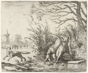 Landschap met twee vossen en een wolf
