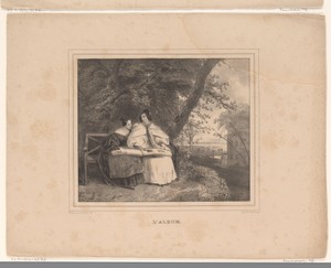 Landschap met twee vrouwen op een bank die een album bekijken