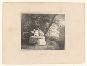 Landschap met twee vrouwen op een bank die een album bekijken